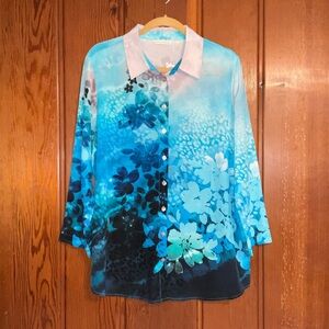 New Soft Surrondings Silk Long Sleeve Blue Floral Print Button Blouse  PXL #2316